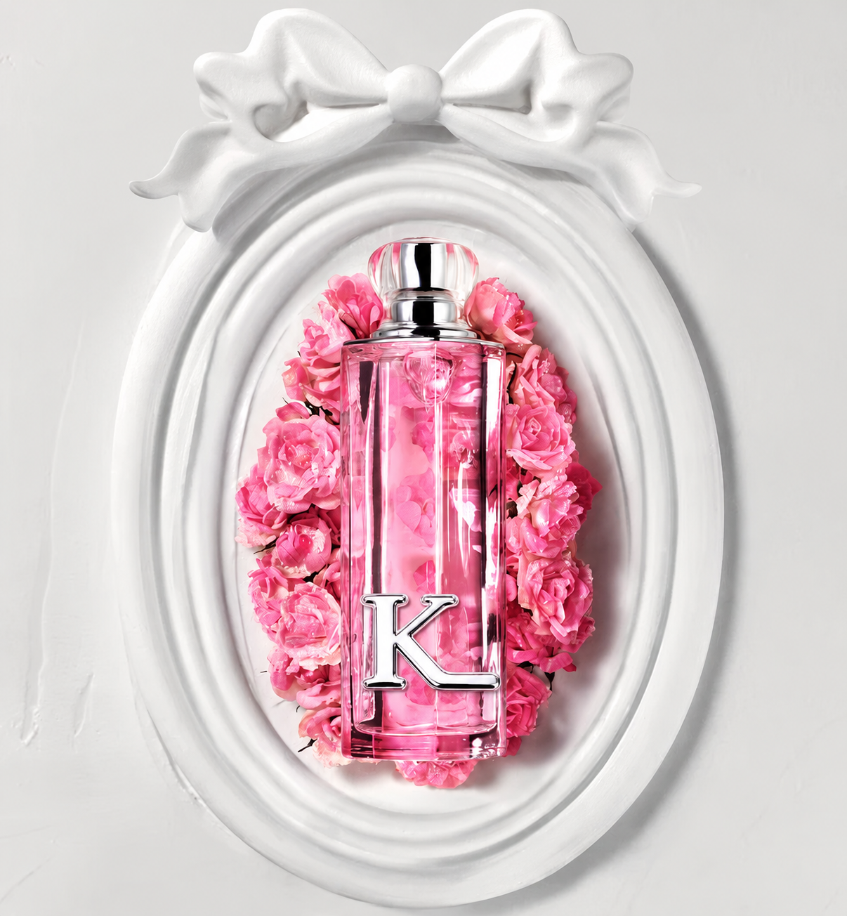 Kissing Light Rosy Glow bottle with flowers and an oval ribbon frame