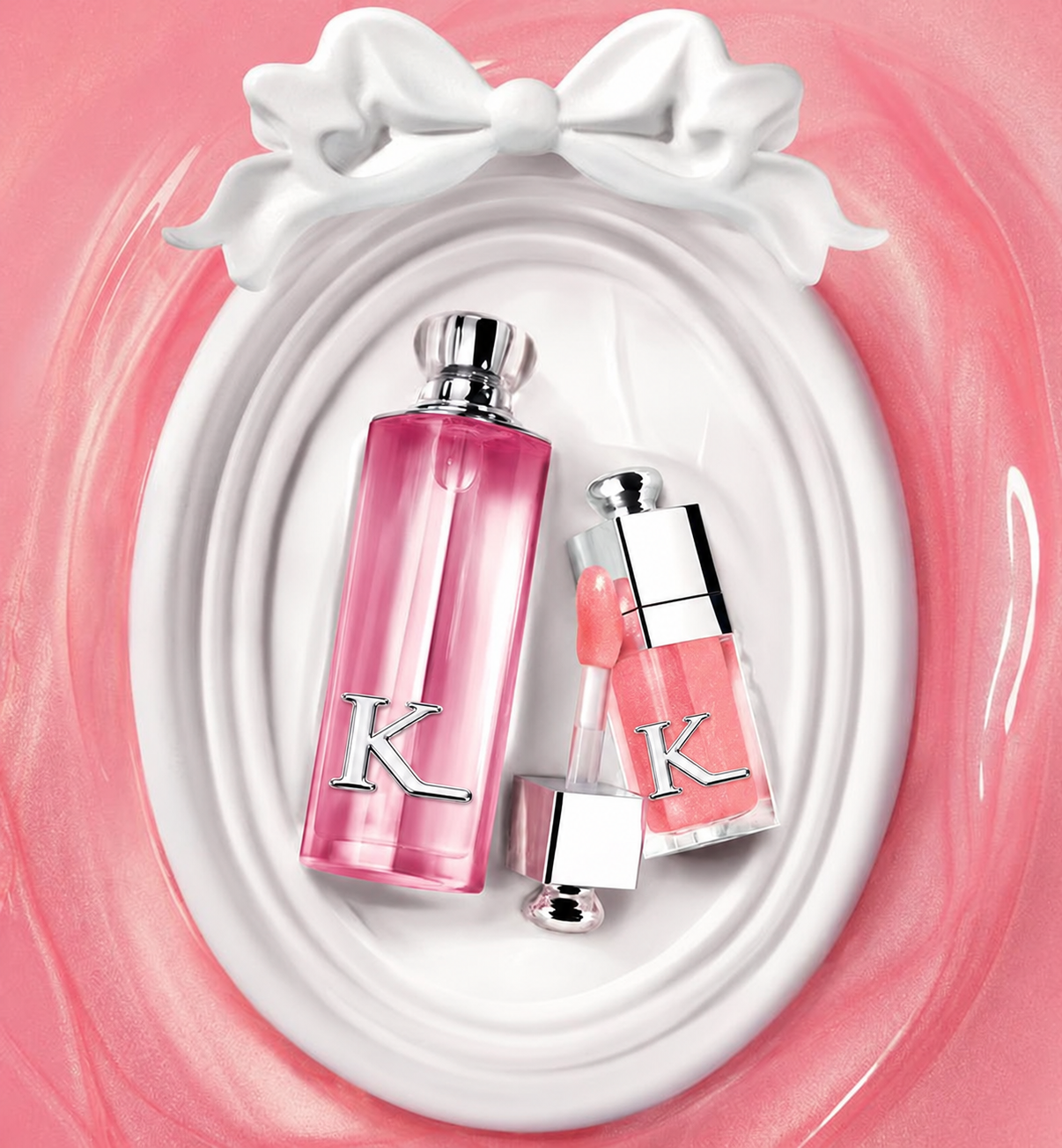 Kissing Light Pink fragrance and lip gloss duo with silver K marks