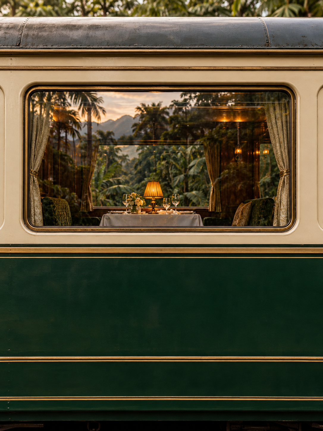 Unbranded heritage train travelling through a tropical landscape